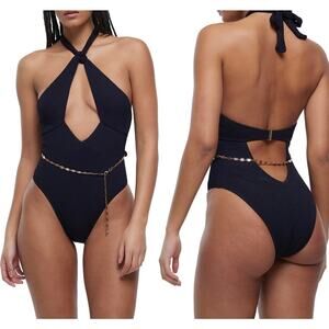 River Island Textured Chain Black One Piece Swimsuit Size 12